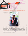Promotional flyer for a TOUCHY/FEELY LIVE event called THC: TOGETHER. HIGH. CONNECTED. A romantic comedy group play starring you event hosted by Candace Johnson.