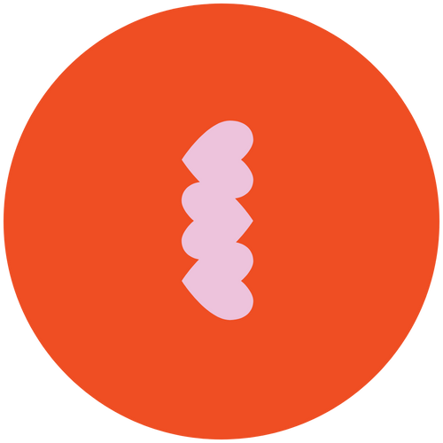TOUCHY/FEELY intimacy card game logo – a vertical stack of orange heart shapes inside a orange circle, representing the brand’s connection-focused intimacy game.