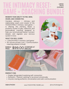 Advertisement for 'The Intimacy Reset' game and coaching bundle with images of TOUCHY/FEELY intimacy card game creator Candace Johnson and product packaging with cards, box and travel bag.